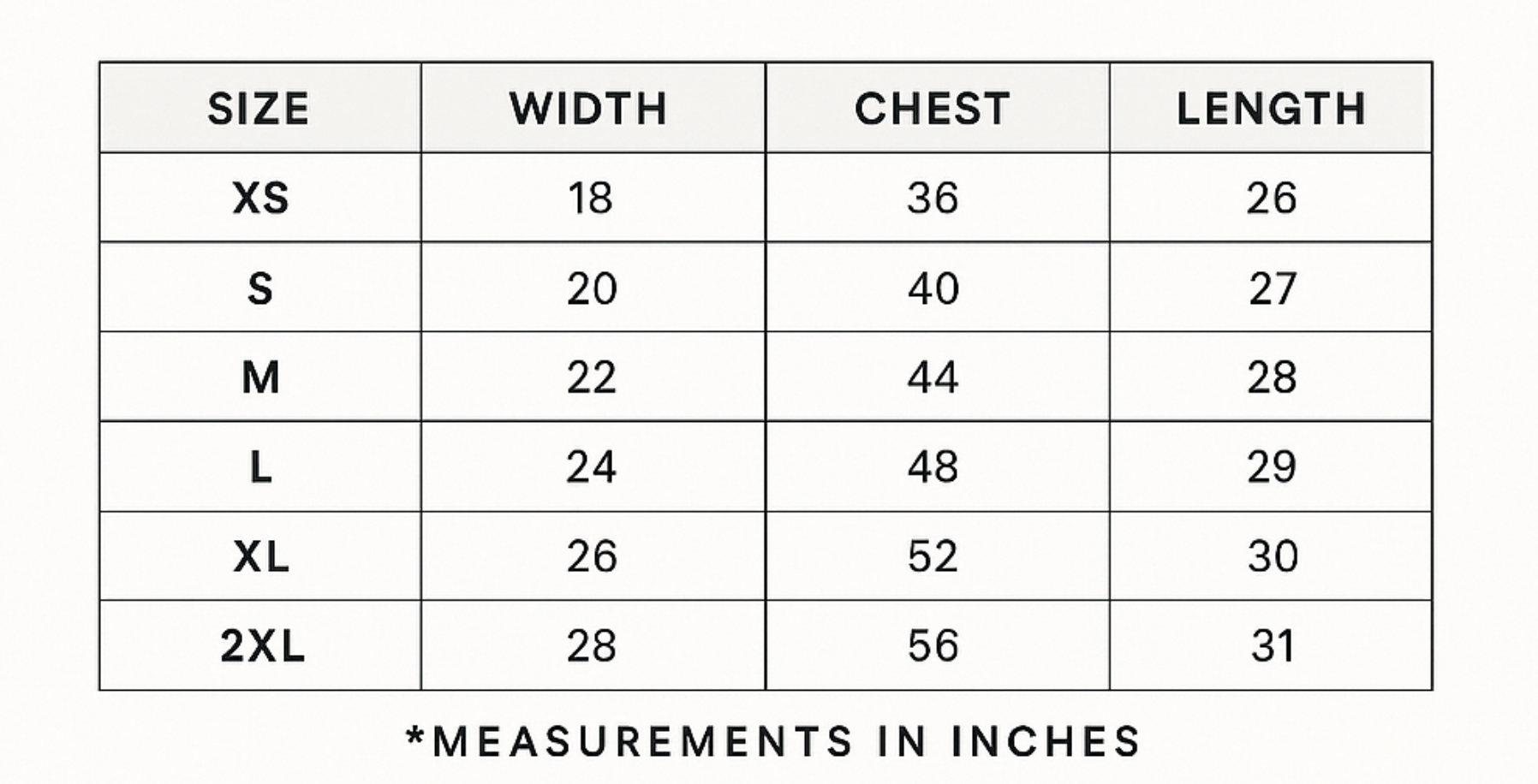Unisex sweatshirt size chart (XS–2XL). Measurements in inches.